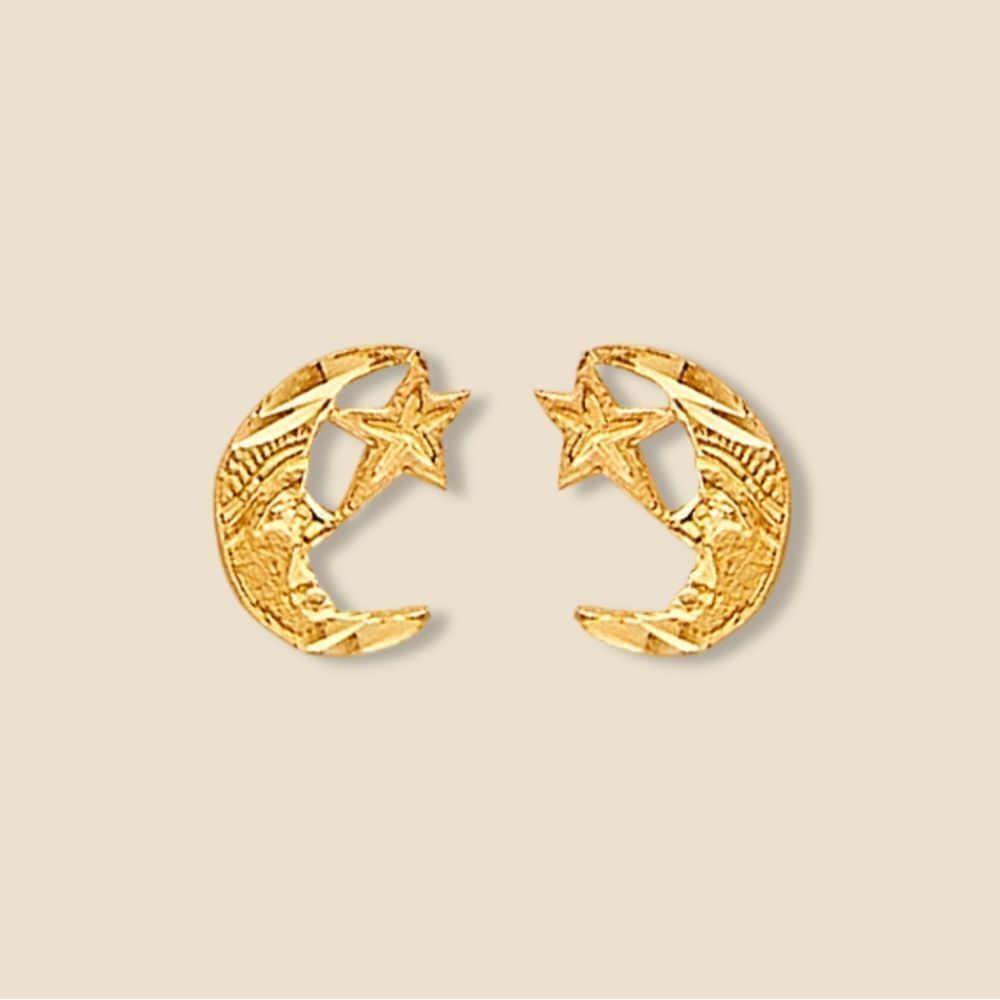 14K Solid Gold Moon & Star Earrings | Dainty Celestial Jewelry